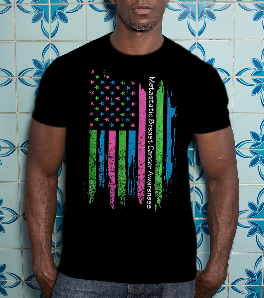 Vintage USA Flag Ribbon Metastatic Breast Cancer Awareness T-Shirt