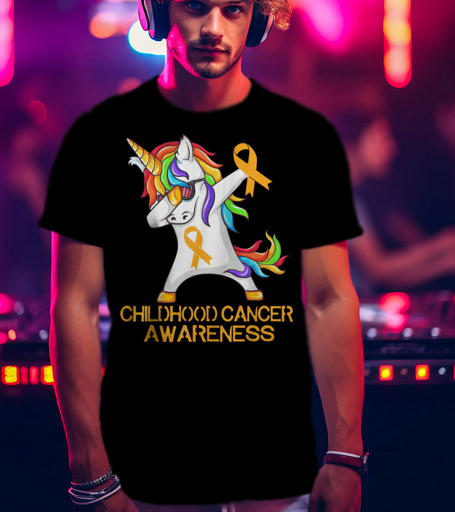 Childhood Cancer Awareness Dabbing Unicorn With Yellow T-Shirt