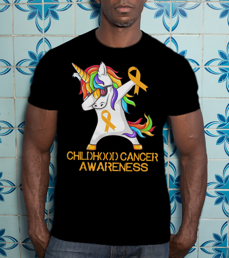 Childhood Cancer Awareness Dabbing Unicorn With Yellow T-Shirt