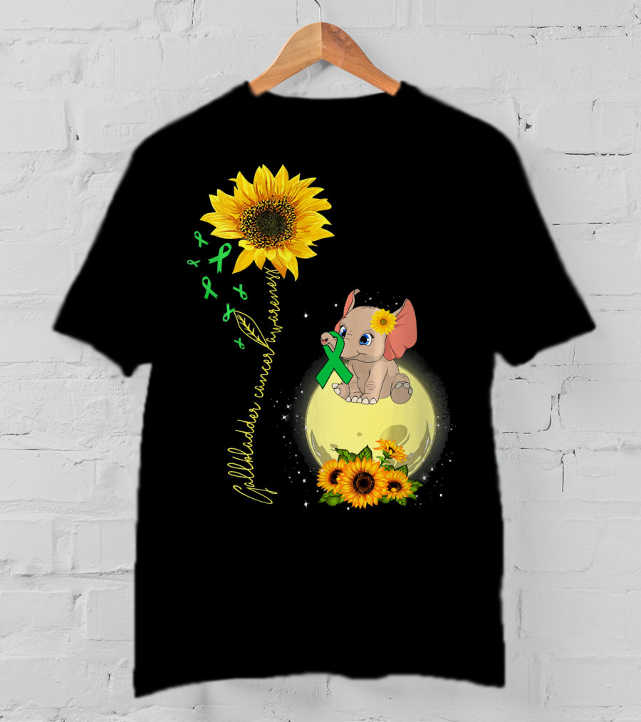 Gallbladder Cancer Awareness Elephant With Sunflowers And Green T-Shirt