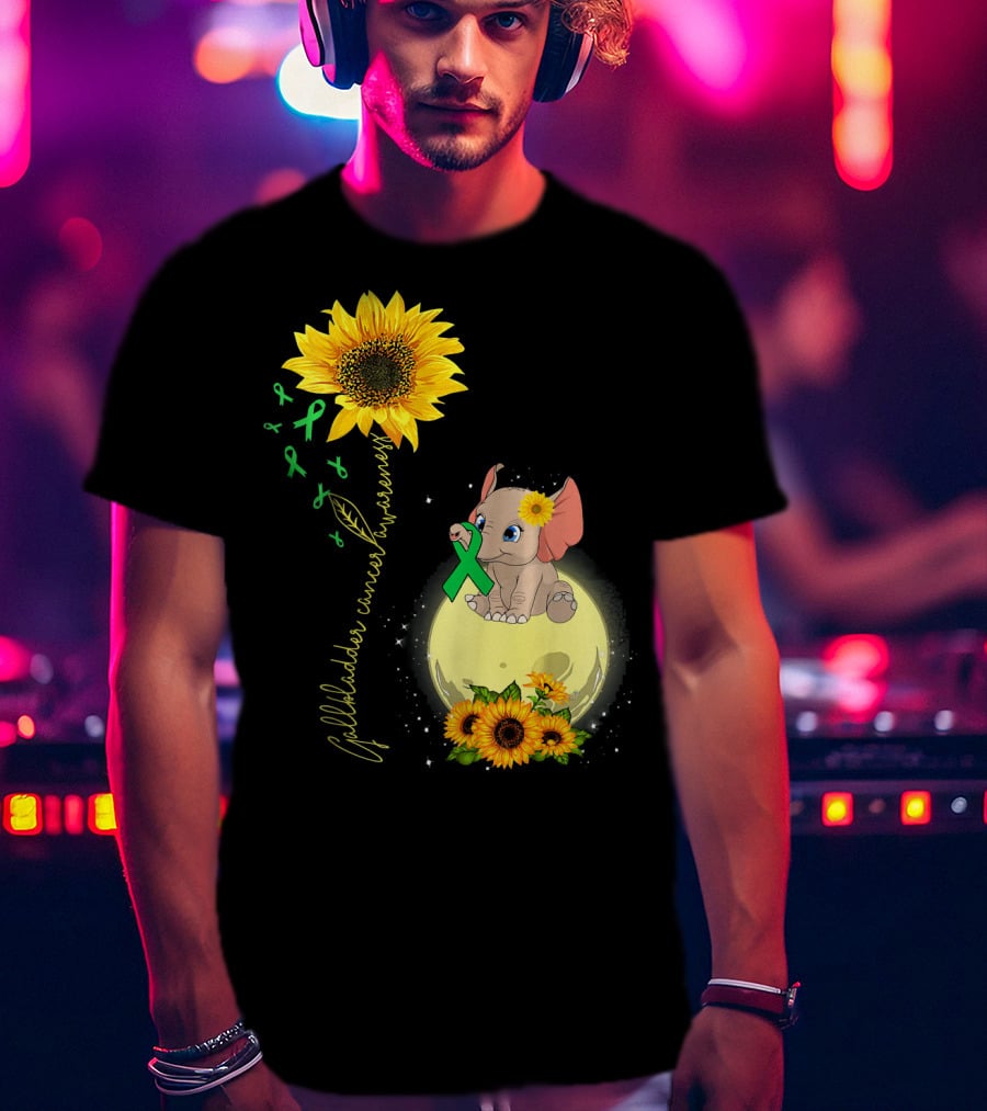 Gallbladder Cancer Awareness Elephant With Sunflowers And Green T-Shirt