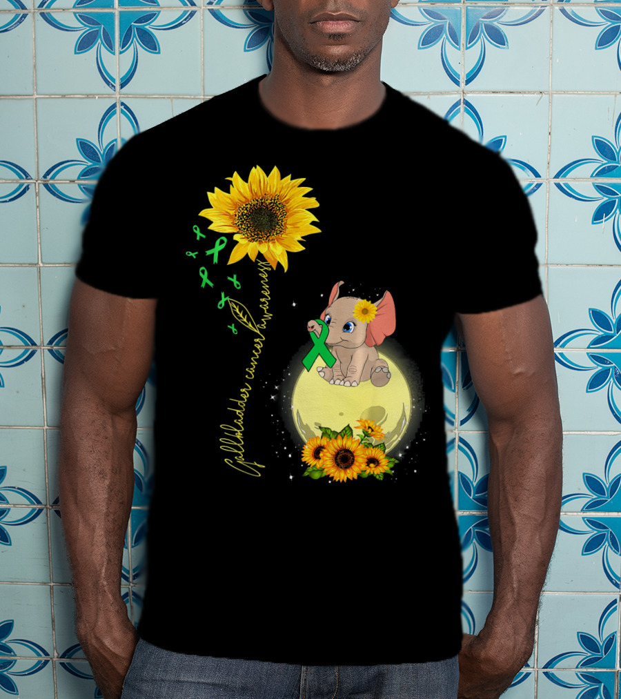Gallbladder Cancer Awareness Elephant With Sunflowers And Green T-Shirt