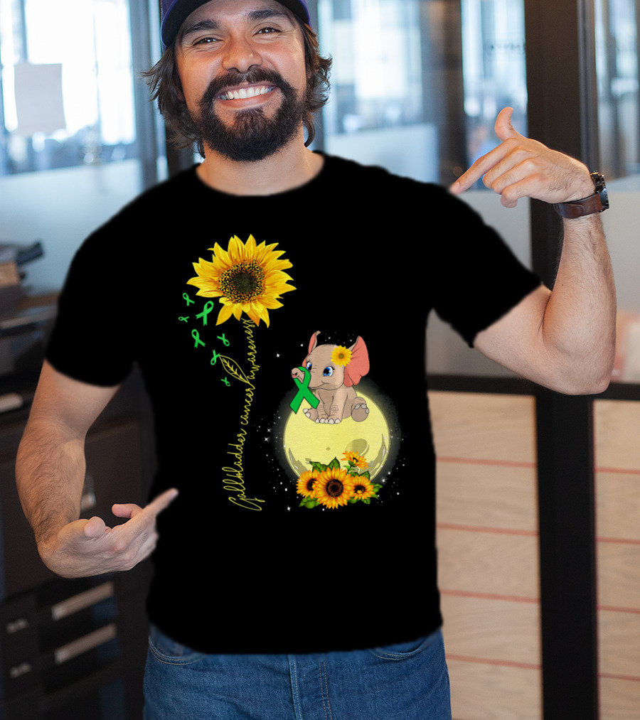 Gallbladder Cancer Awareness Elephant With Sunflowers And Green T-Shirt