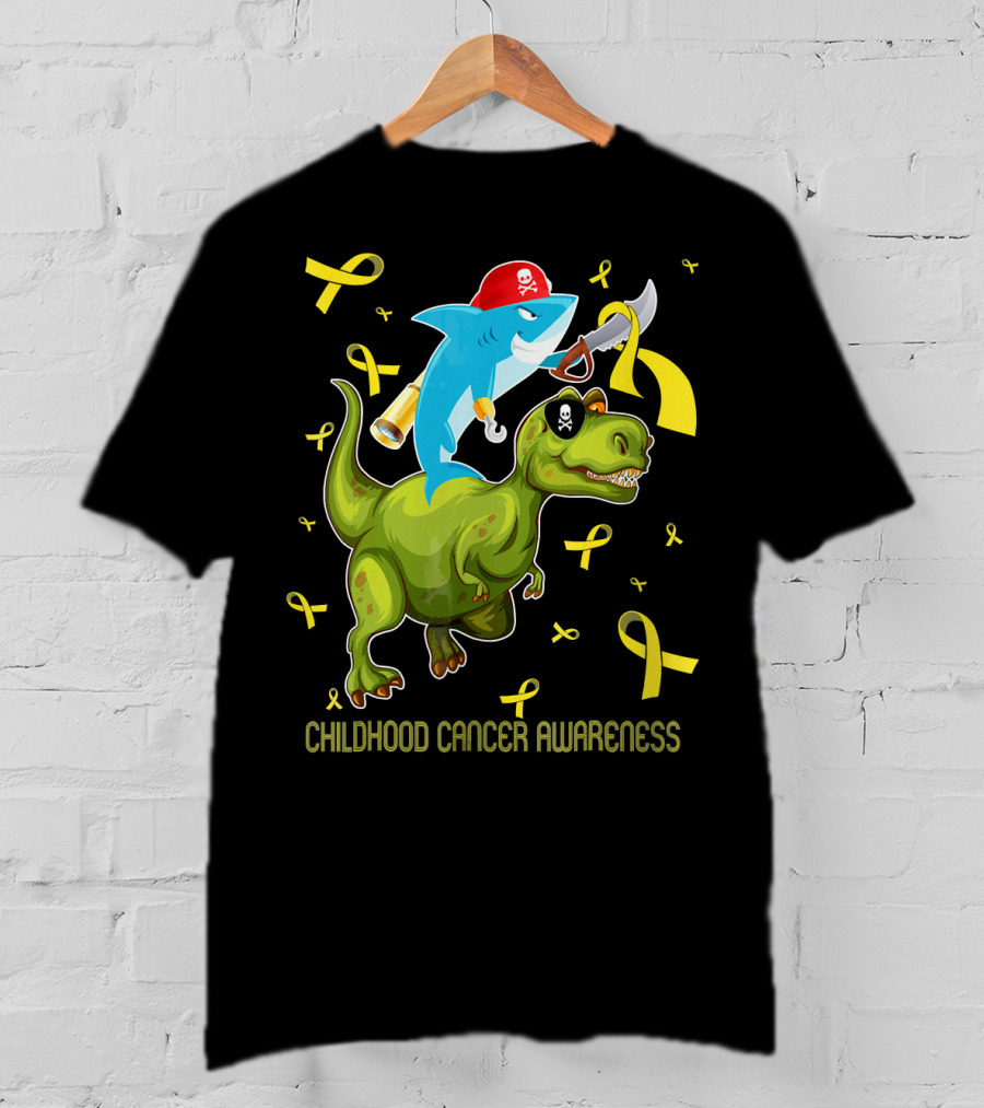 Childhood Cancer Awareness Shark And Dinosaur With Yellow Ribbons T-Shirt