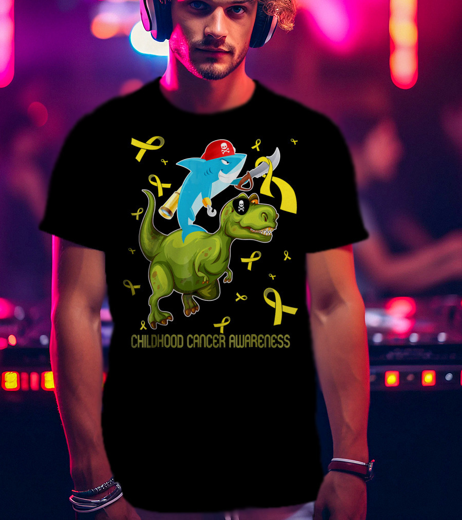 Childhood Cancer Awareness Shark And Dinosaur With Yellow Ribbons T-Shirt