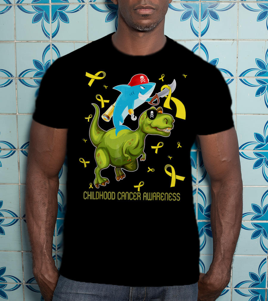 Childhood Cancer Awareness Shark And Dinosaur With Yellow Ribbons T-Shirt