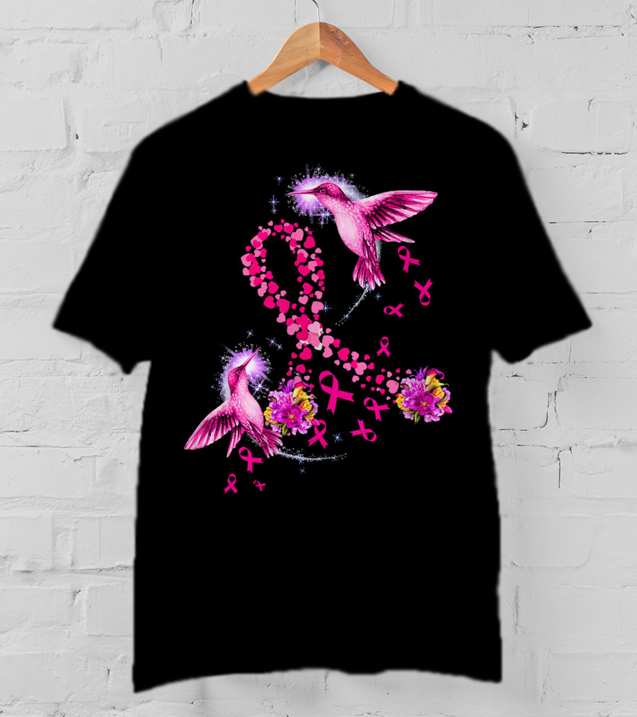 Hummingbird Heart Pink Ribbon Breast Cancer Awareness Flowers T-Shirt