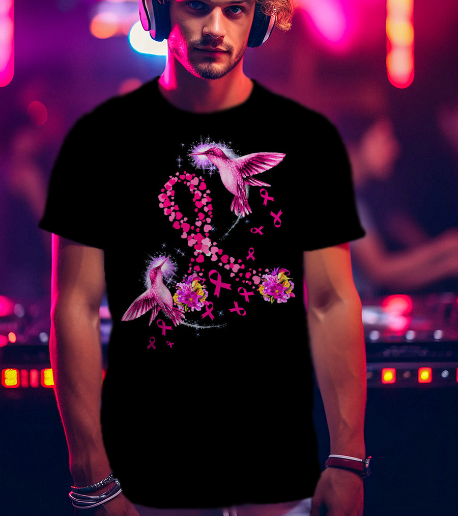 Hummingbird Heart Pink Ribbon Breast Cancer Awareness Flowers T-Shirt