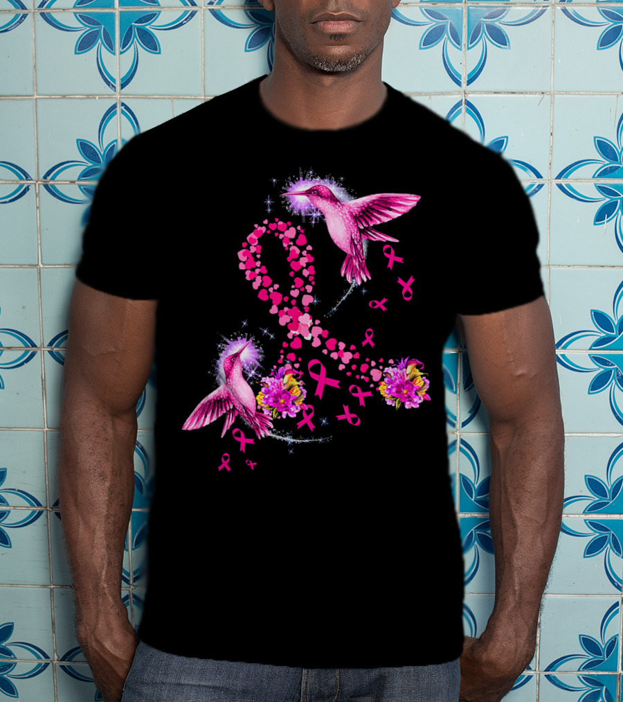 Hummingbird Heart Pink Ribbon Breast Cancer Awareness Flowers T-Shirt