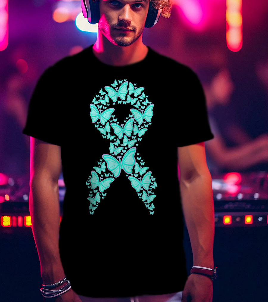 Ovarian Cancer Awareness Butterfly Ribbon Fighter T-Shirt