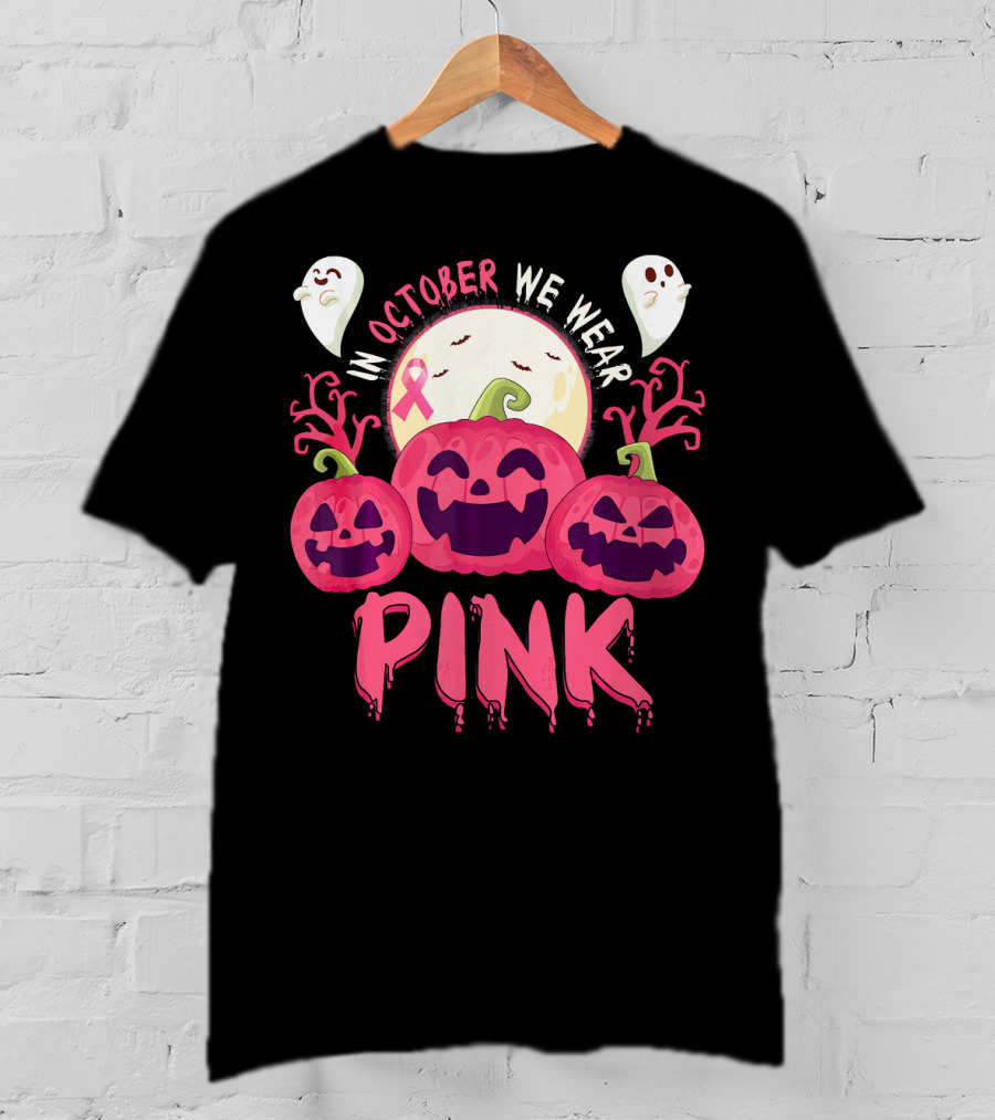 In October We Wear Pink Pumpkin With Ghosts And Moon T-Shirt