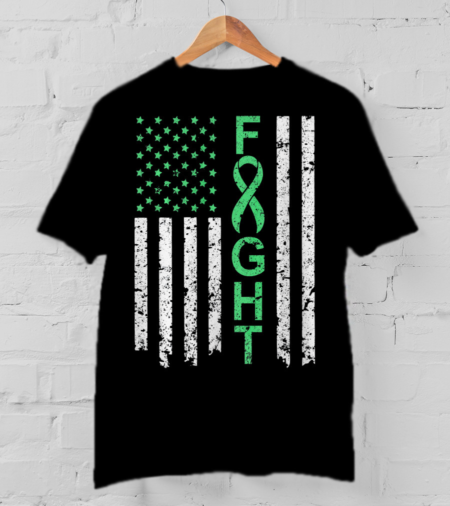 Liver Cancer Awareness Green Ribbon Fight American Flag T-Shirt