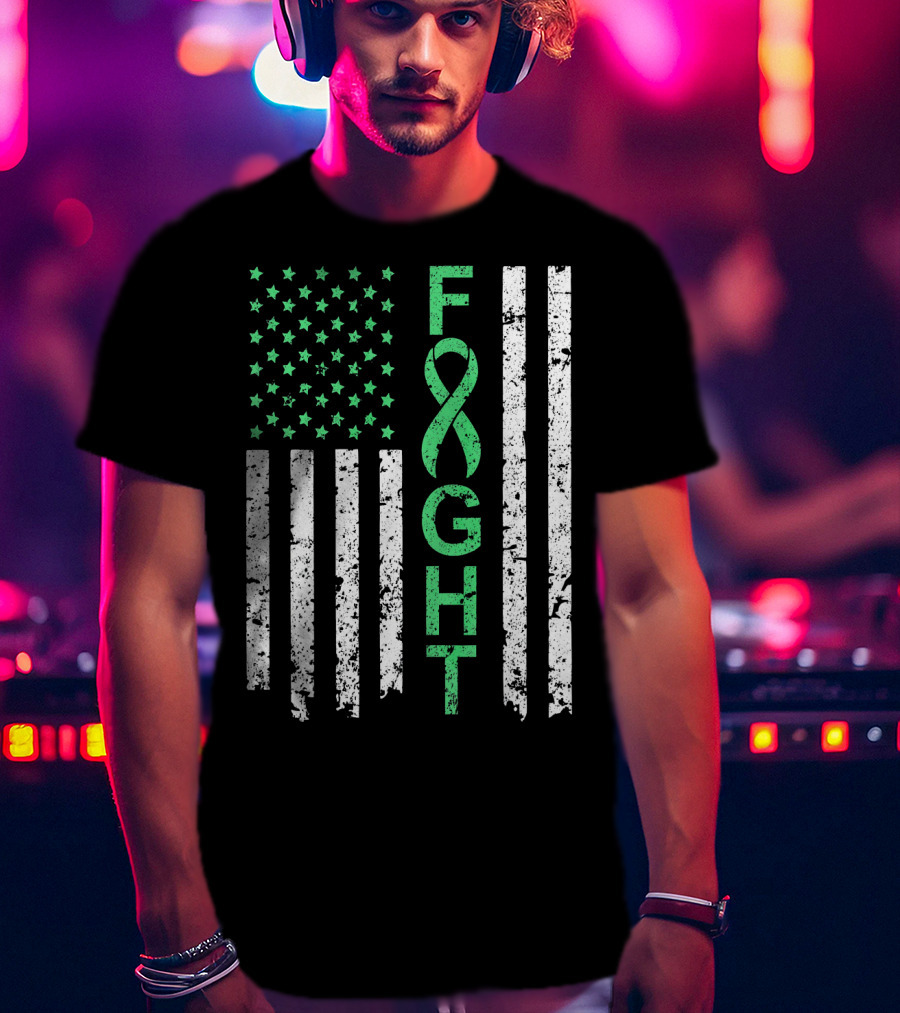 Liver Cancer Awareness Green Ribbon Fight American Flag T-Shirt