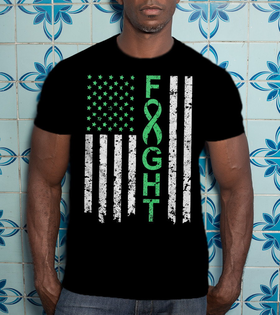 Liver Cancer Awareness Green Ribbon Fight American Flag T-Shirt