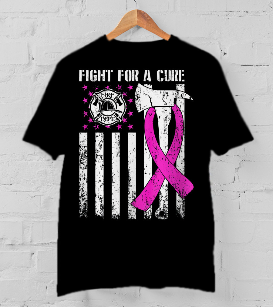 Fight For A Cure Fire Dept Pink Ribbon Axe Flag T-Shirt