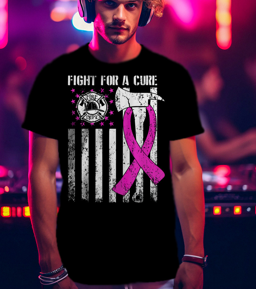 Fight For A Cure Fire Dept Pink Ribbon Axe Flag T-Shirt