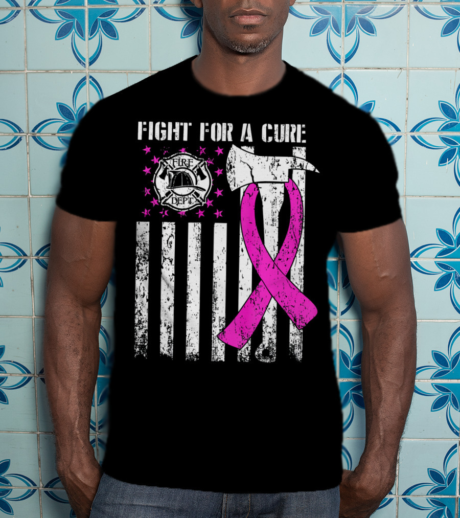 Fight For A Cure Fire Dept Pink Ribbon Axe Flag T-Shirt