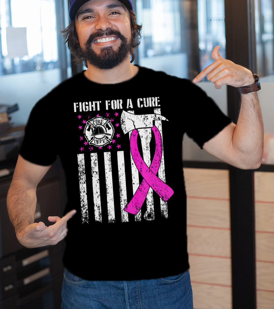 Fight For A Cure Fire Dept Pink Ribbon Axe Flag T-Shirt