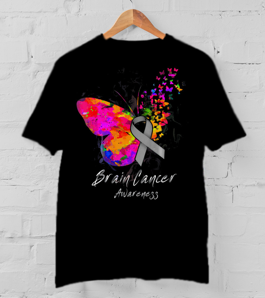 Brain Cancer Awareness Butterfly With Gray Ribbon And Colorful Wing Motif T-Shirt