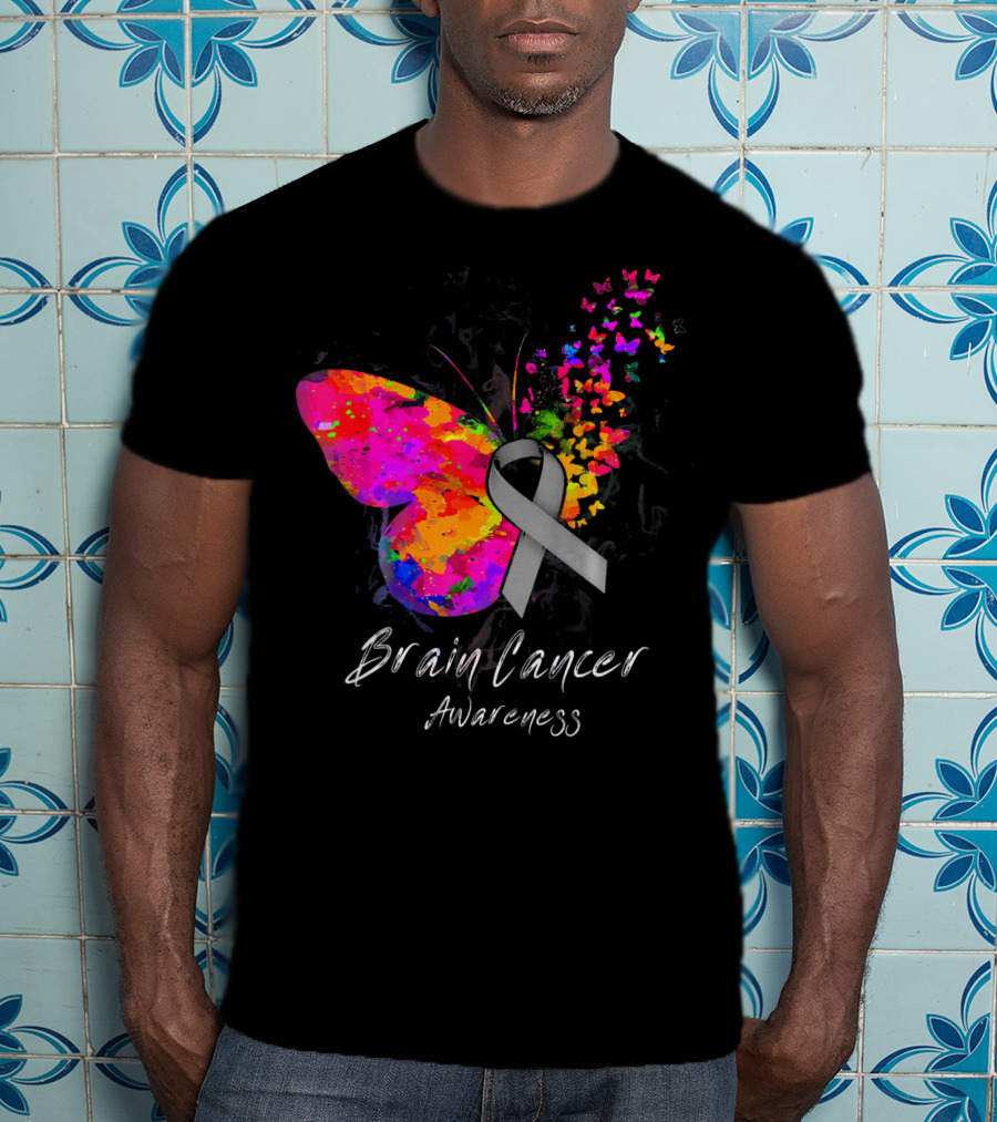 Brain Cancer Awareness Butterfly With Gray Ribbon And Colorful Wing Motif T-Shirt