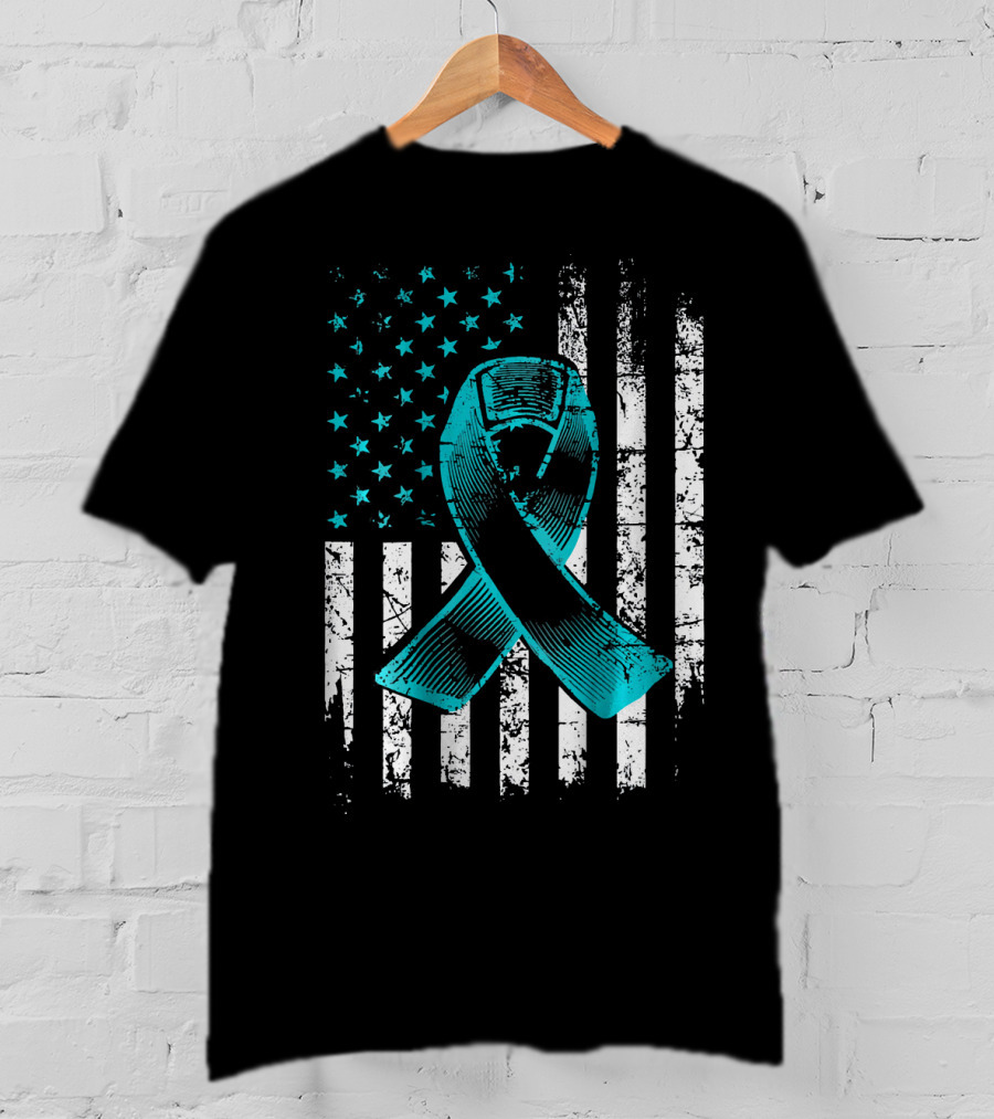 Fighting Flag Ovarian Cancer Awareness With Teal Ribbon And American T-Shirt