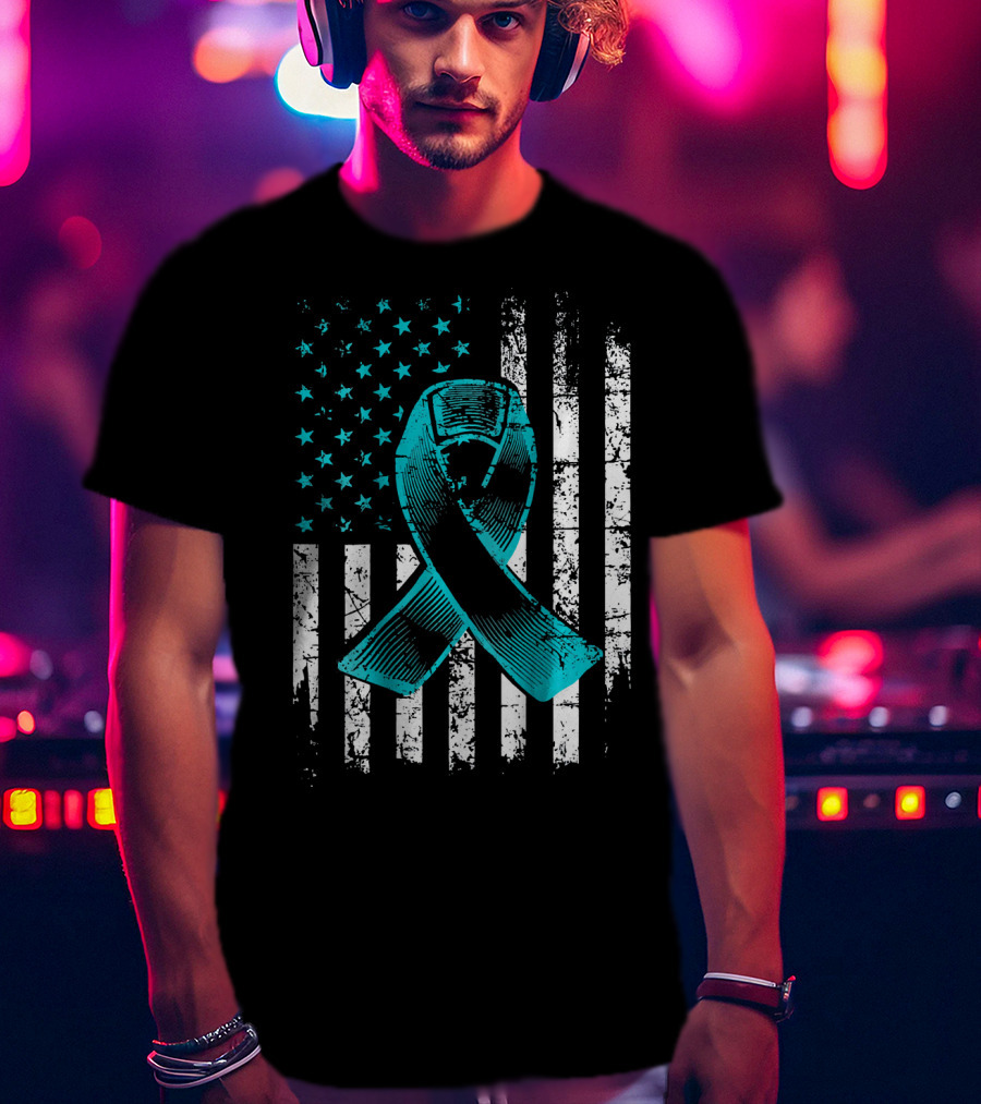 Fighting Flag Ovarian Cancer Awareness With Teal Ribbon And American T-Shirt