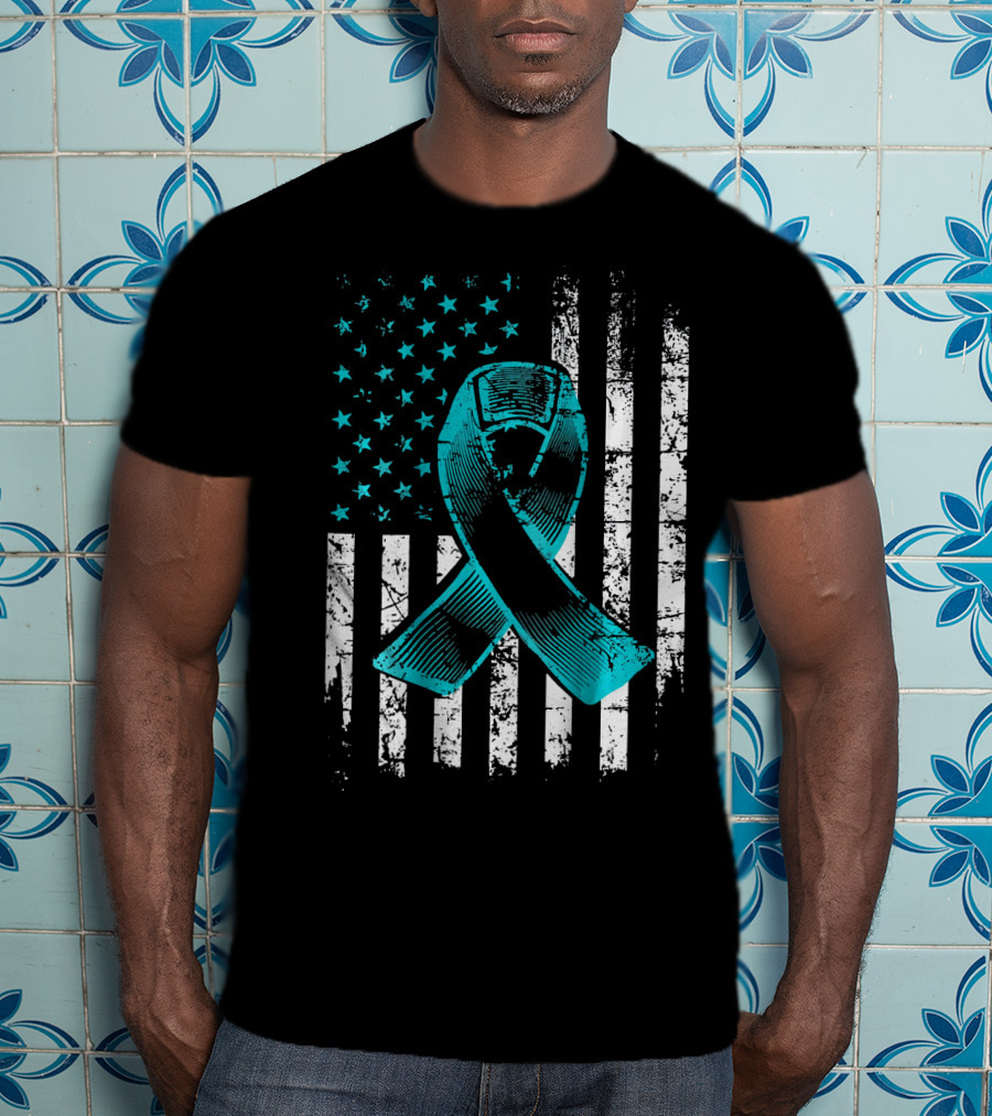 Fighting Flag Ovarian Cancer Awareness With Teal Ribbon And American T-Shirt