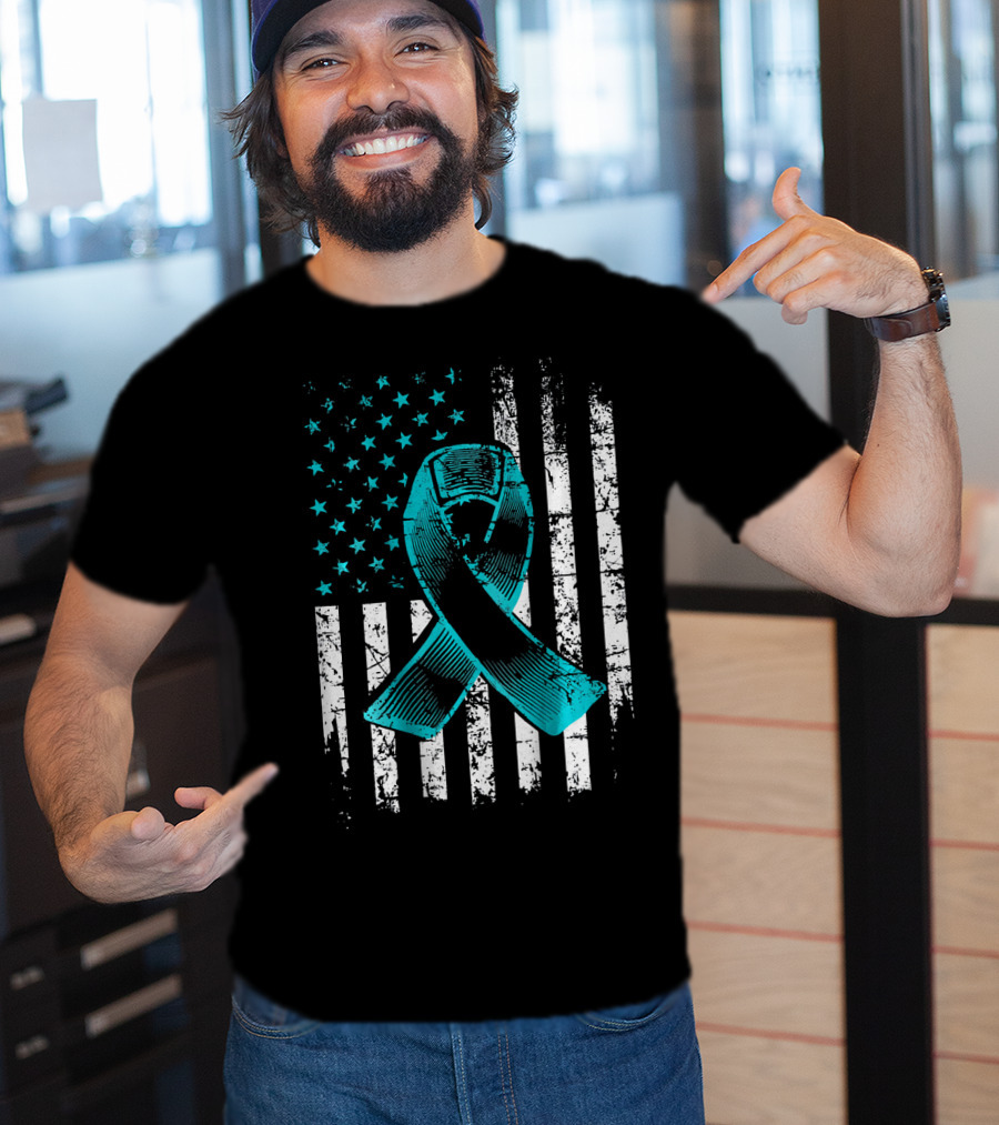 Fighting Flag Ovarian Cancer Awareness With Teal Ribbon And American T-Shirt