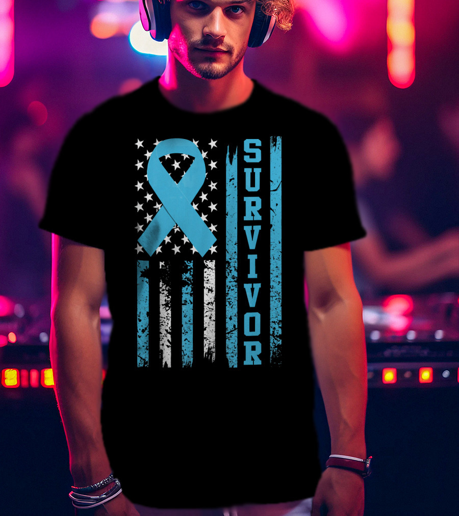 Survivor Blue Ribbon American Flag Prostate Cancer T-Shirt