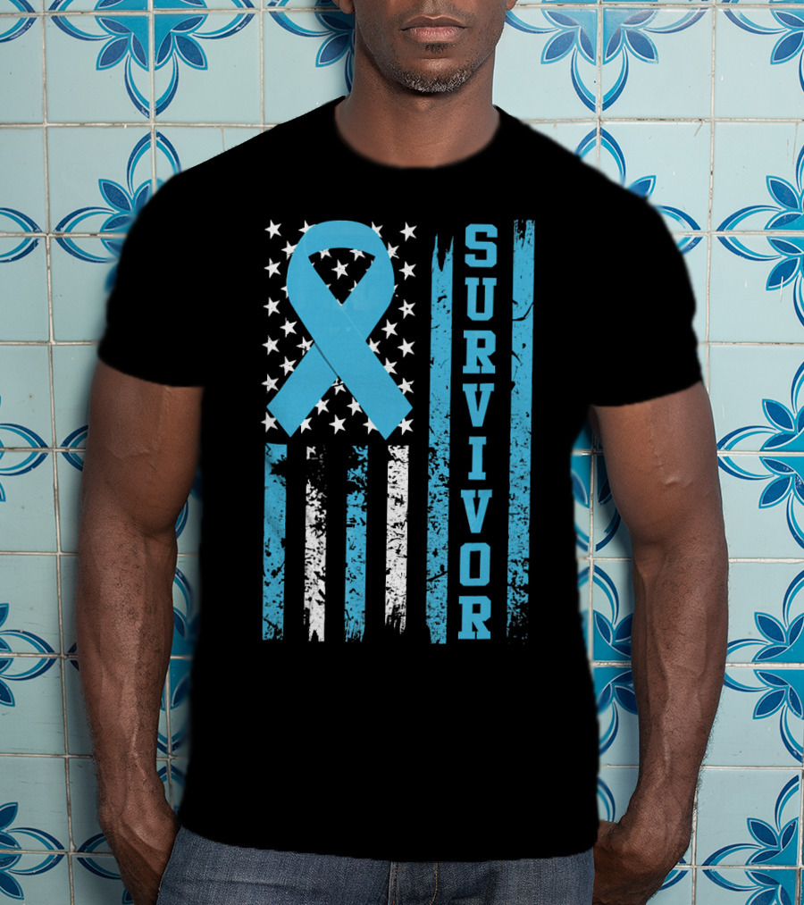 Survivor Blue Ribbon American Flag Prostate Cancer T-Shirt