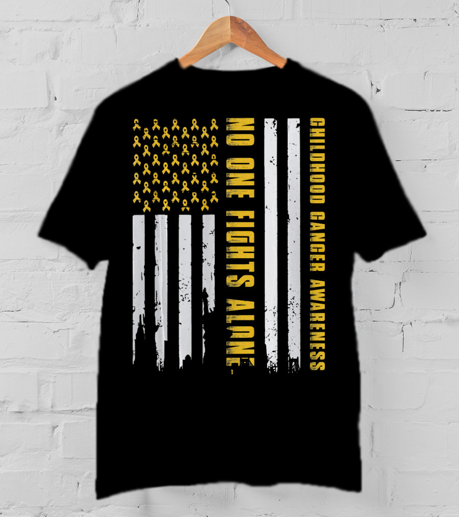 No One Fights Alone USA Flag Childhood Cancer Awareness T-Shirt