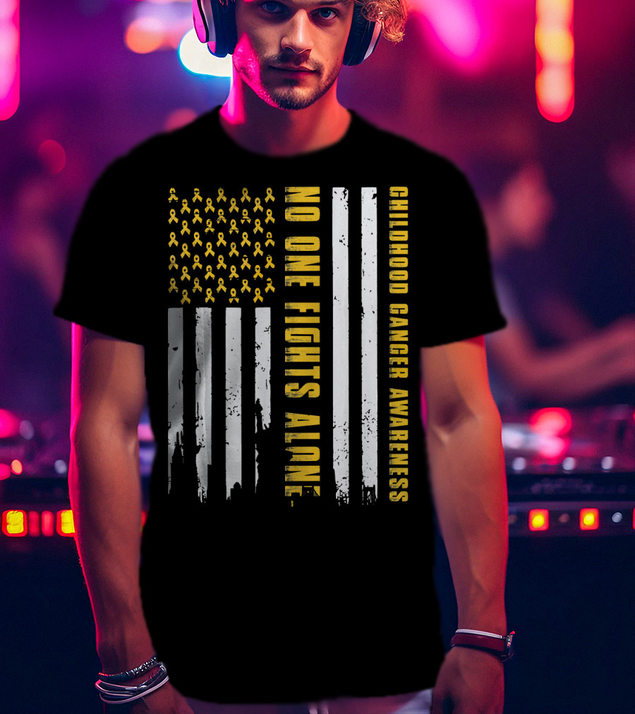 No One Fights Alone USA Flag Childhood Cancer Awareness T-Shirt