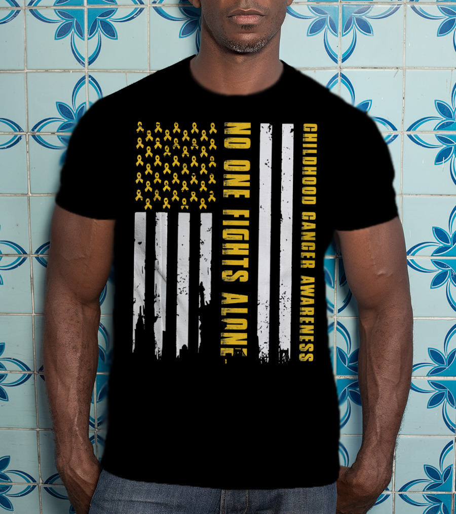 No One Fights Alone USA Flag Childhood Cancer Awareness T-Shirt