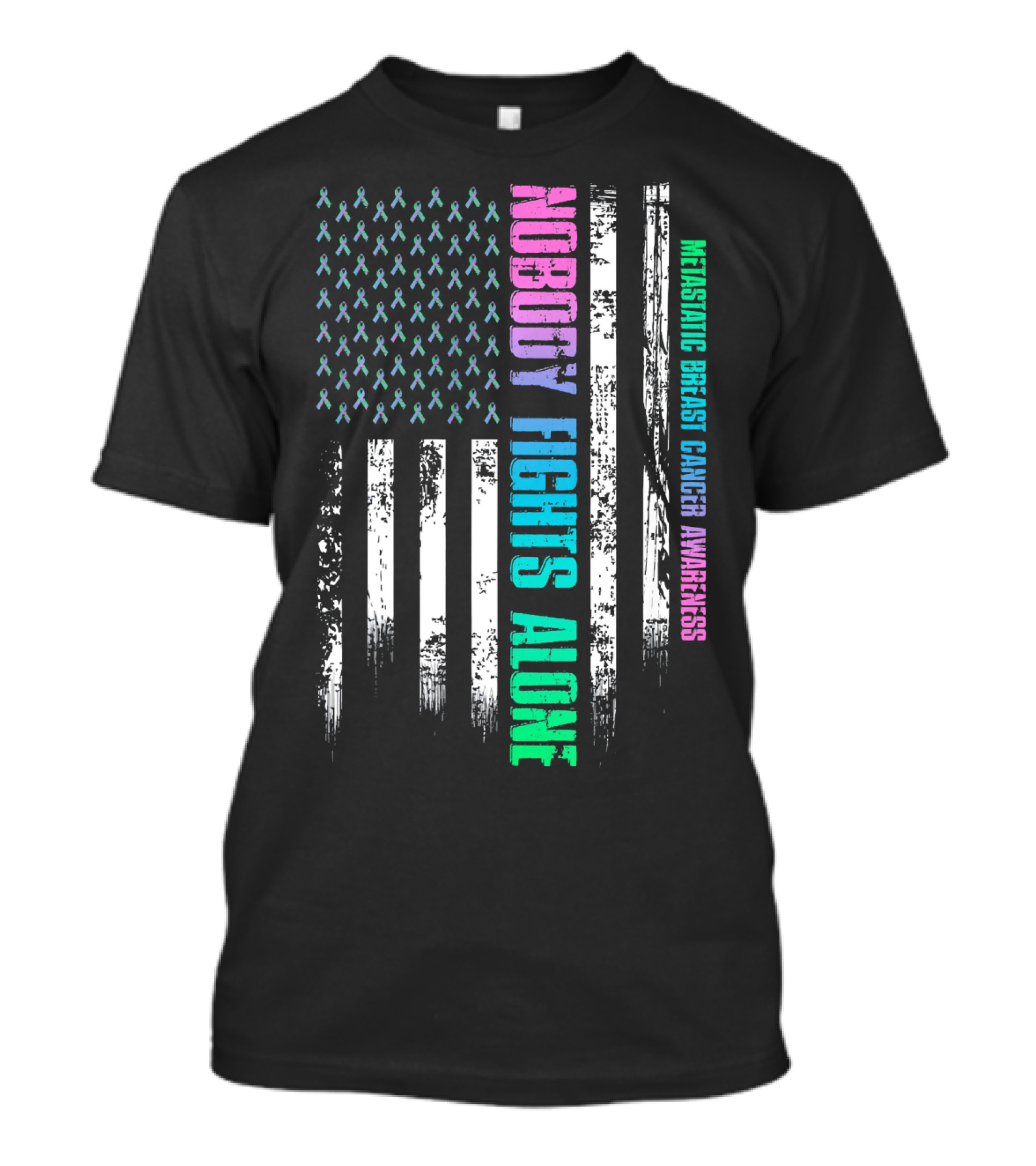 Nobody Fights Alone USA Flag Metastatic Breast Cancer Awareness T-Shirt