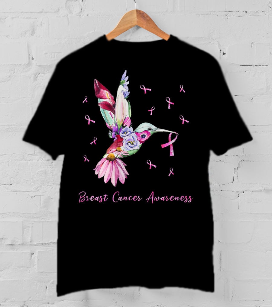 Breast Cancer Awareness Pink Ribbon Flower Hummingbird T-Shirt
