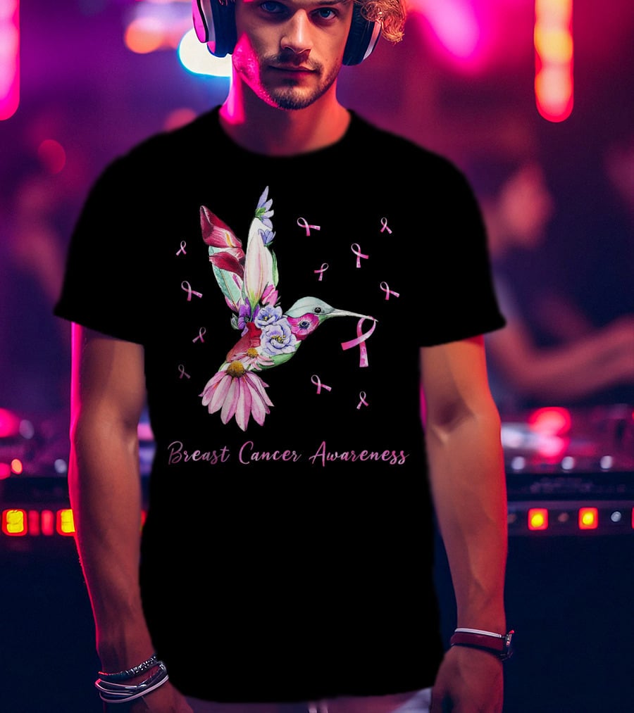 Breast Cancer Awareness Pink Ribbon Flower Hummingbird T-Shirt