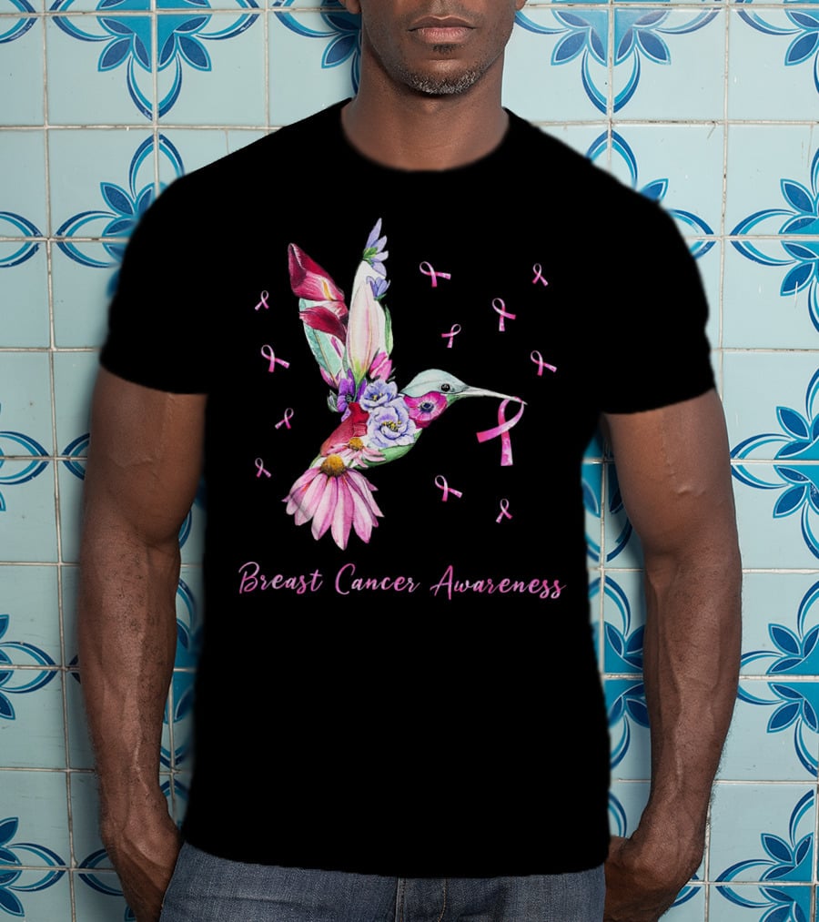 Breast Cancer Awareness Pink Ribbon Flower Hummingbird T-Shirt