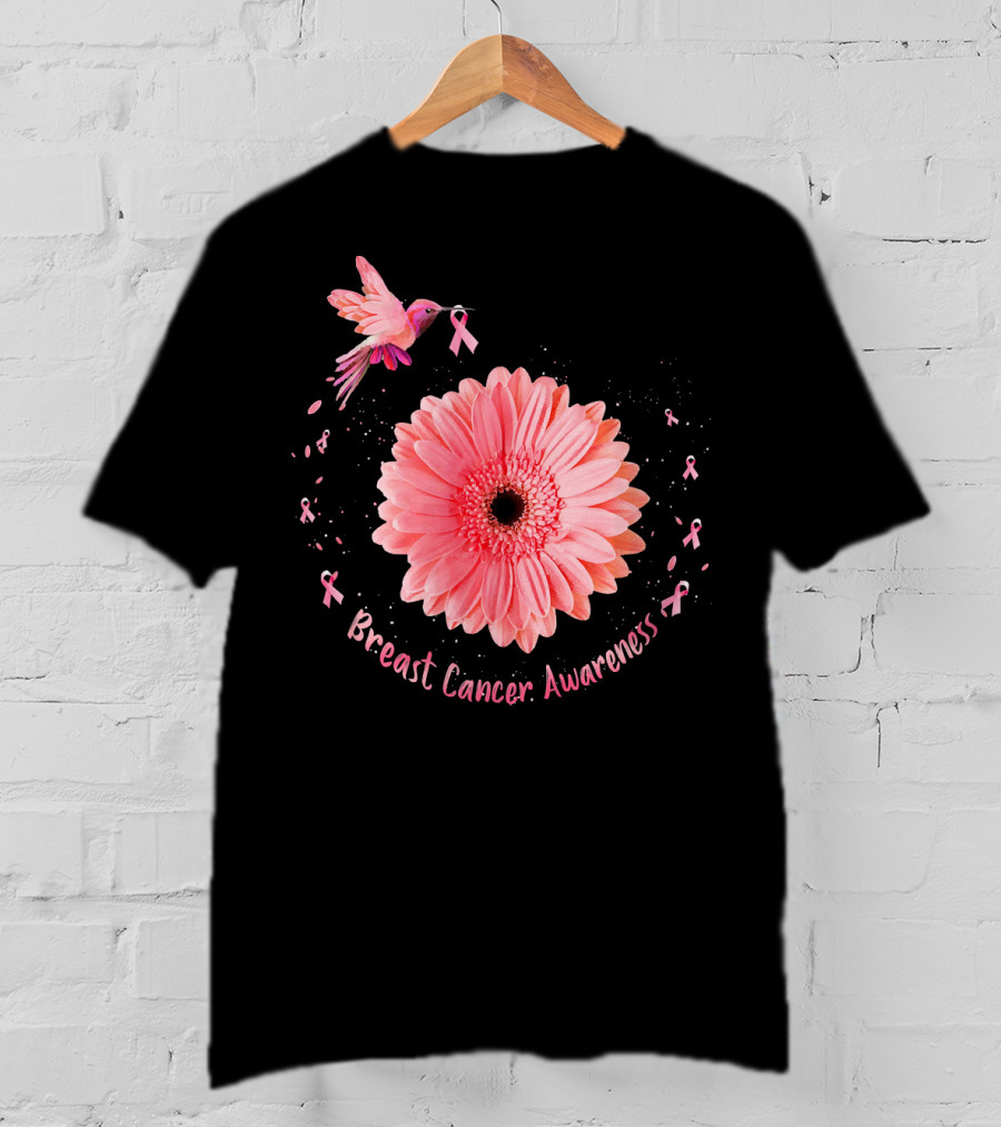Hummingbird Pink Ribbon Breast Cancer Awareness Sunflower T-Shirt