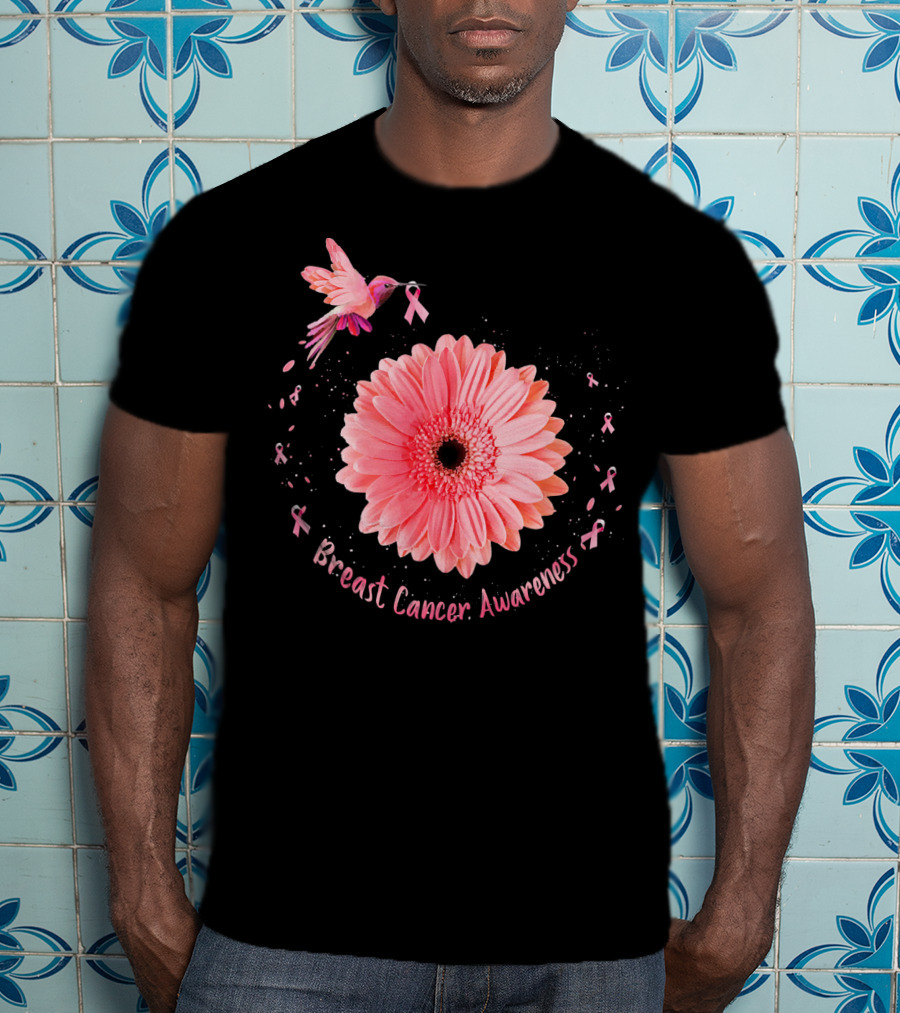 Hummingbird Pink Ribbon Breast Cancer Awareness Sunflower T-Shirt