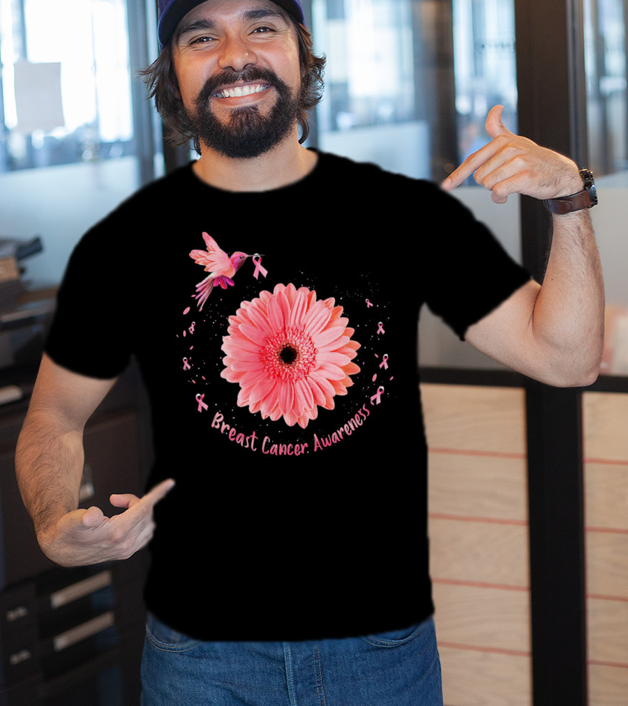 Hummingbird Pink Ribbon Breast Cancer Awareness Sunflower T-Shirt