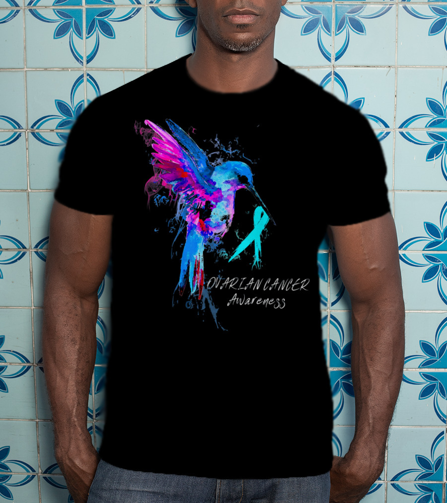 OVARIAN CANCER Awareness Hummingbird With Teal T-Shirt