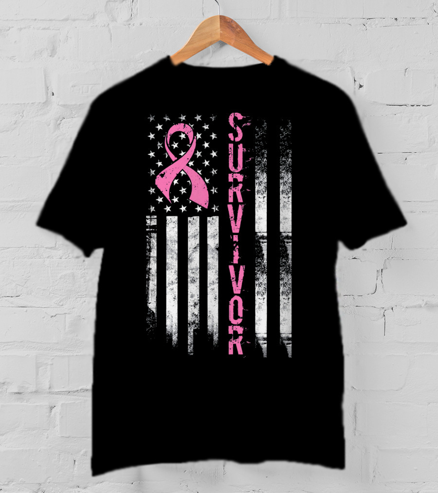 Breast Cancer Survivor Pink Ribbon American Flag T-Shirt