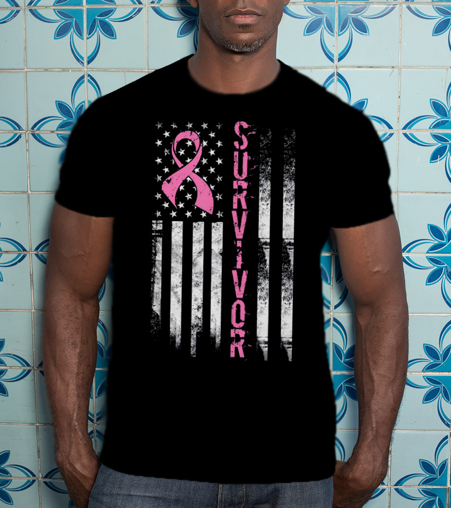 Breast Cancer Survivor Pink Ribbon American Flag T-Shirt