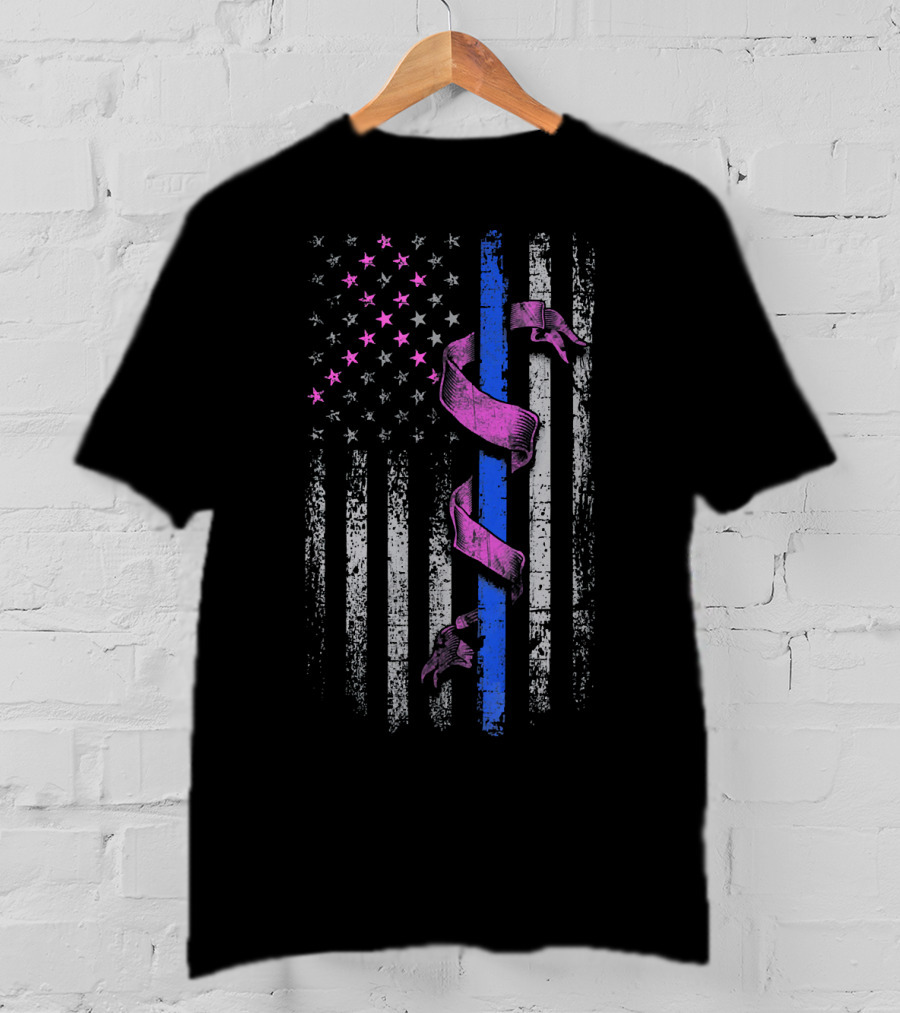 Thin Blue Line Pink Ribbon American Flag Breast Cancer Awareness T-Shirt
