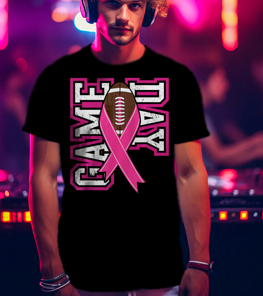 Game Day Breast Cancer Awareness Pink Ribbon Football T-Shirt