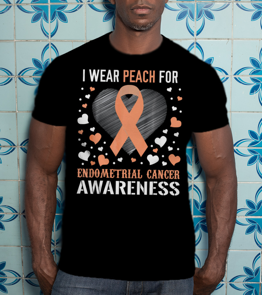 I Wear Peach For Endometrial Cancer Awareness Ribbon Heart T-Shirt