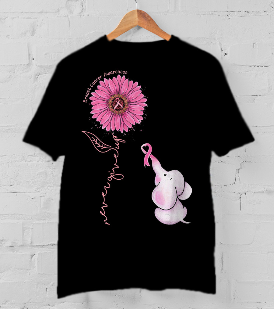 Breast Cancer Awareness Never Give Up Pink Ribbon Sunflower Elephant T-Shirt