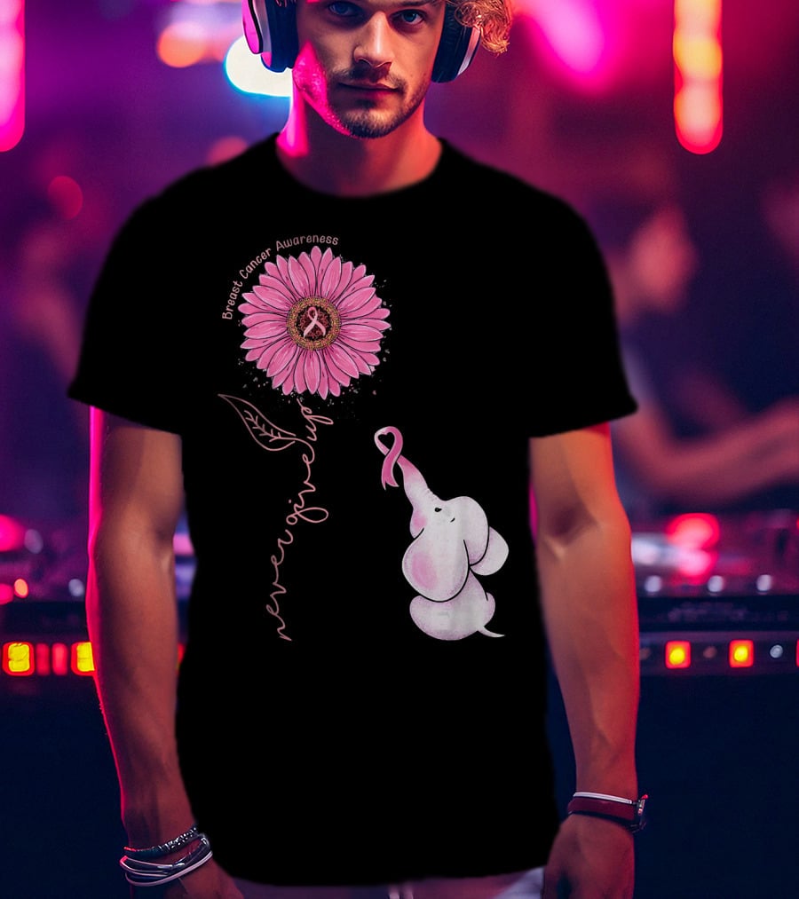 Breast Cancer Awareness Never Give Up Pink Ribbon Sunflower Elephant T-Shirt