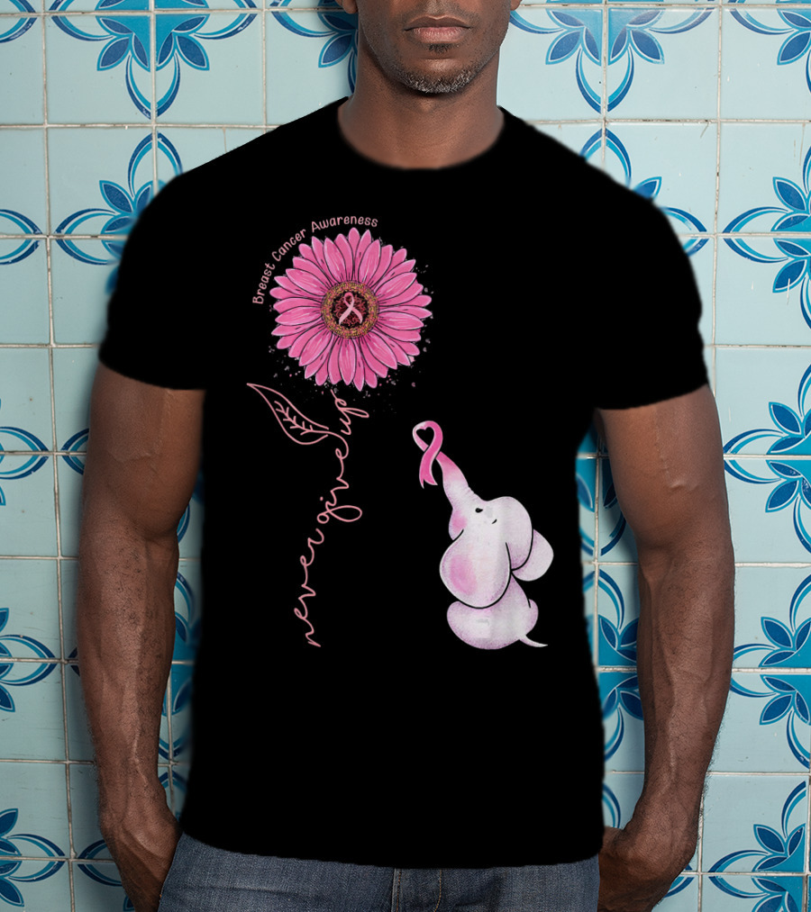 Breast Cancer Awareness Never Give Up Pink Ribbon Sunflower Elephant T-Shirt