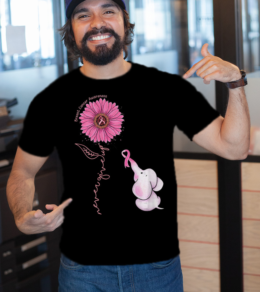 Breast Cancer Awareness Never Give Up Pink Ribbon Sunflower Elephant T-Shirt